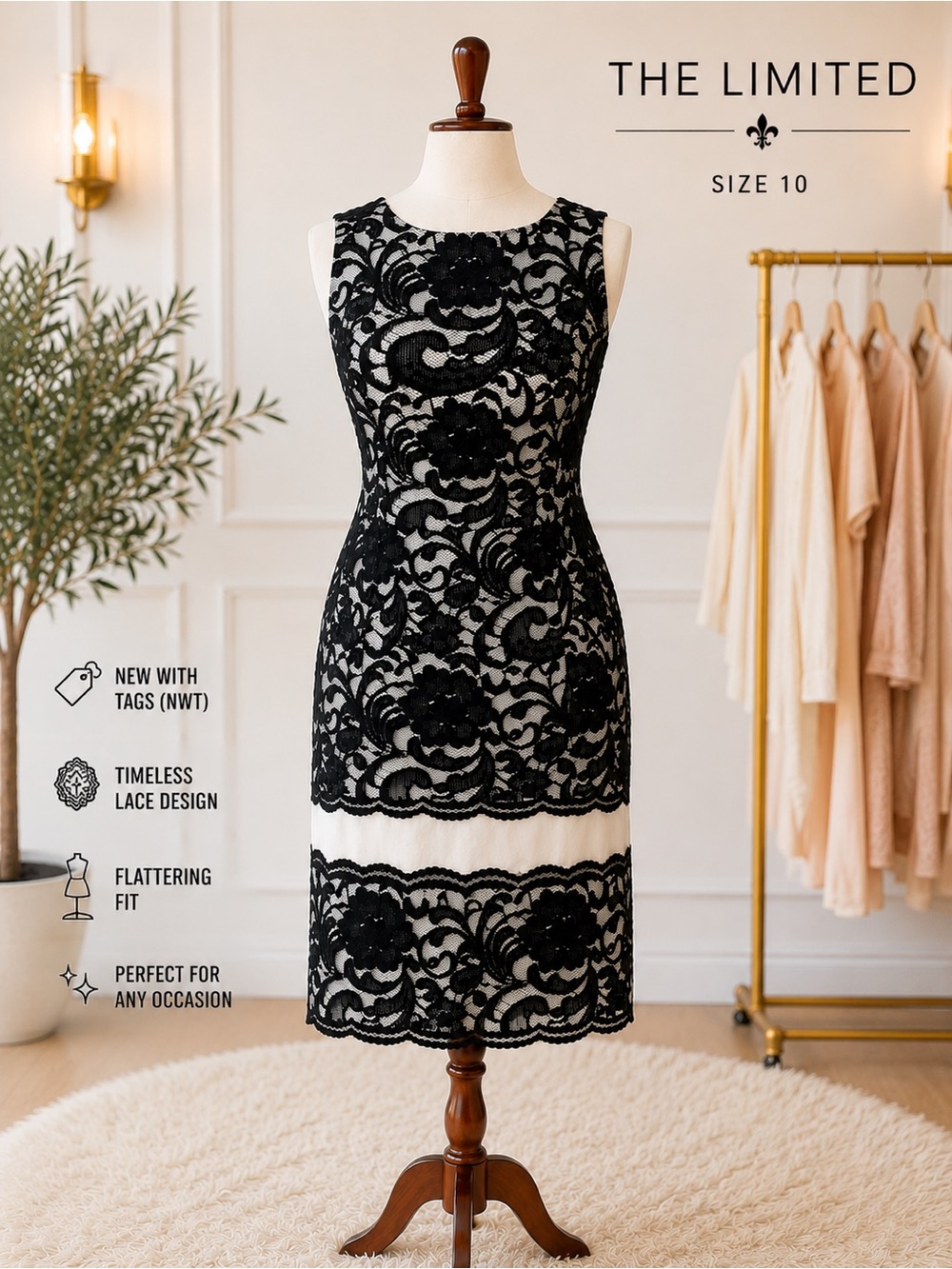 The Limited Size 10 NWT Black & White Floral Lace Sheath Dress